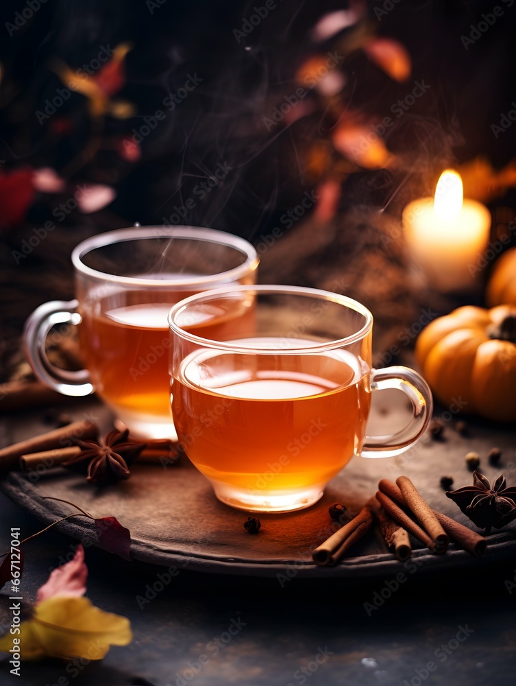 Pumpkin spice cup of tea stock photo, cozy teatime autumn drink Pumpkin spice cup of tea stock photo, cozy teatime autumn drink