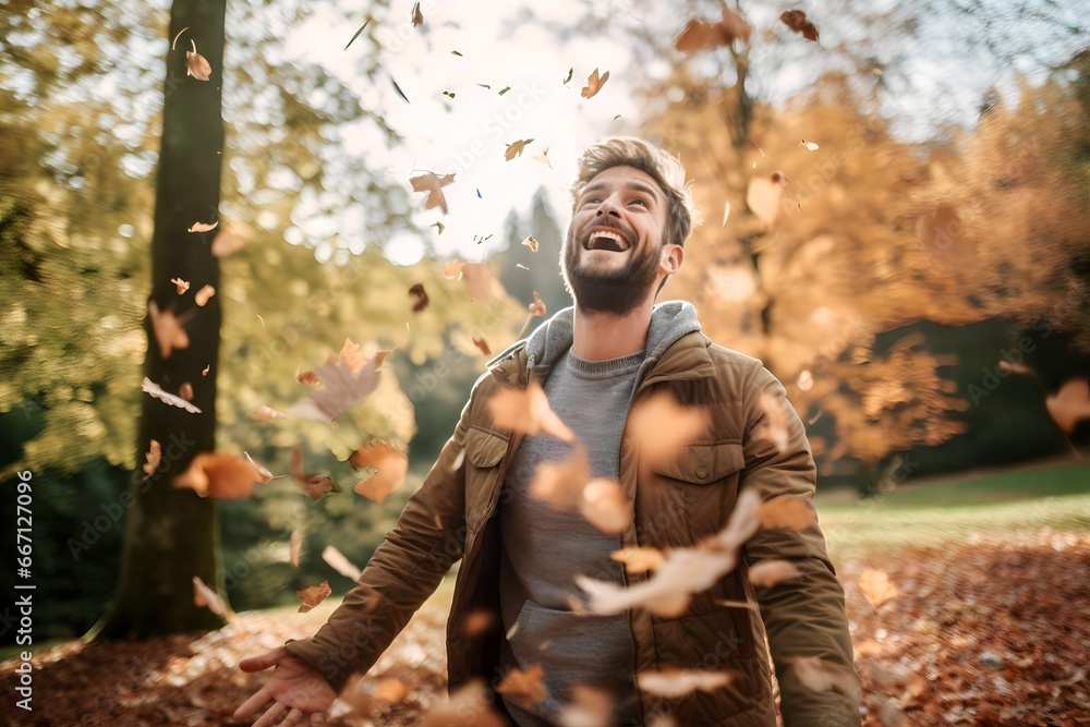 Obraz premium Young man playing running around outdoors in autumn in city park