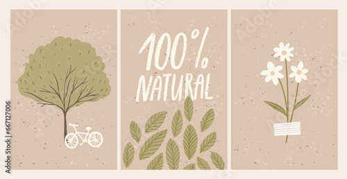 Green eco posters design. Bicycle near tree, 100 natural badge, pressed and taped flower. Ecology elements illustrations on brown kraft paper.