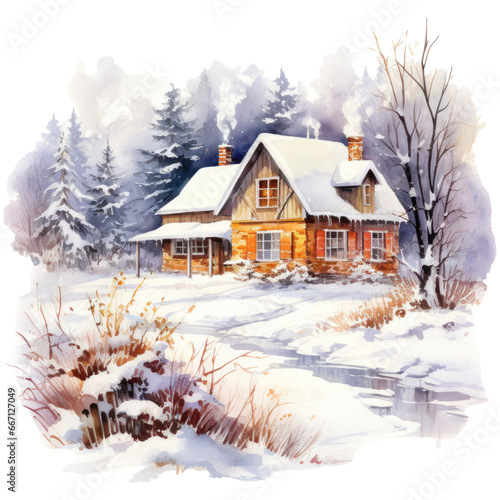 Cozy house, winter watercolor, christmas illustration, isolated on transparent background