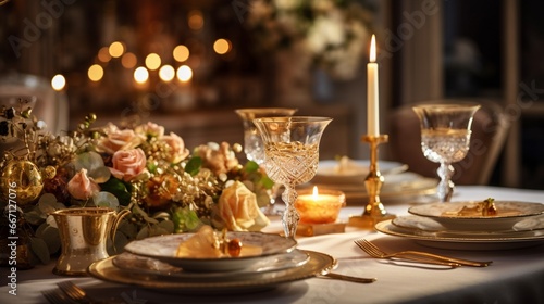 A festive dinner table with a golden tablecloth, elegant dishes, and candles.