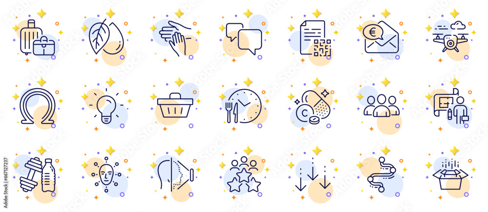 Outline set of Qr code, Food time and Business meeting line icons for web app. Include Timeline, Volunteer, Face id pictogram icons. Shopping basket, Vitamin c, Packing boxes signs. Vector Outline set of Qr code, Food time and Business meeting line icons for web app. Include Timeline, Volunteer, Face id pictogram icons. Shopping basket, Vitamin c, Packing boxes signs. Vector