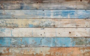 Texture of vintage wood boards with cracked paint of light blue, beige, brown and white color. Retro background with old wooden planks of different colors.
