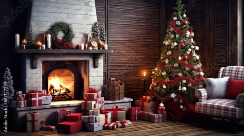 cozy christmas interior with decorated tree, wrapped presents, and a warm fireplace in a festive home setting