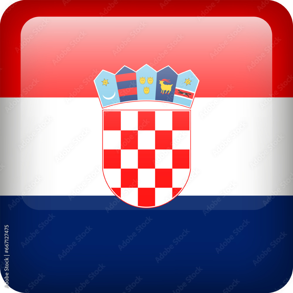 3d vector Croatia flag glossy button. Croatian national emblem. Square icon with flag of Croatia