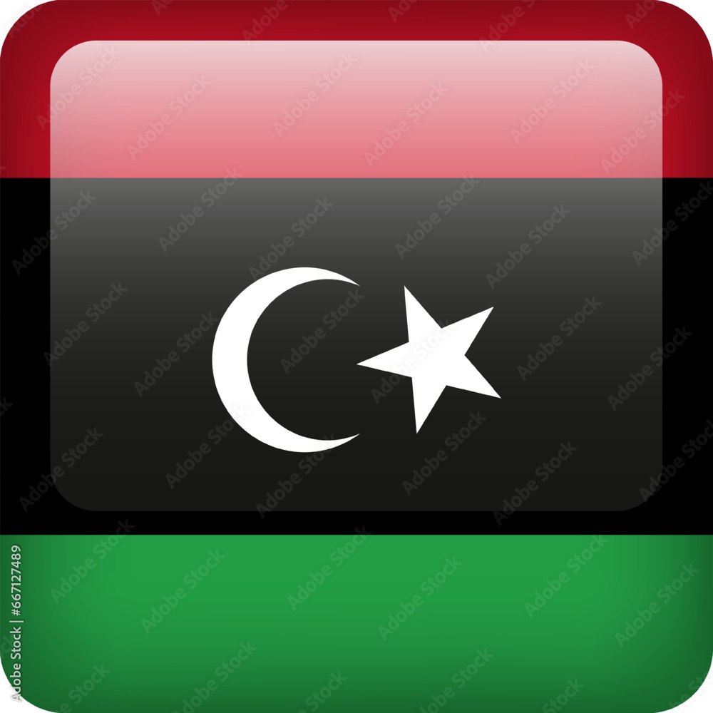 3d vector Libya flag glossy button. Libyan national emblem. Square icon with flag of Libya 3d vector Libya flag glossy button. Libyan national emblem. Square icon with flag of Libya