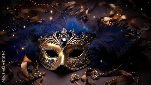 A festive New Year's masquerade mask adorned with feathers and intricate designs, hinting at an evening of mystery and revelry.