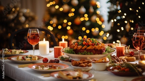 delicious Christmas feast table with festive decor and sparkling Christmas tree in background