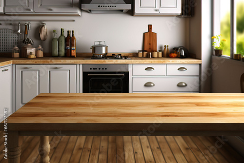 blurred kitchen interior with wooden desk space © Maqsudxon