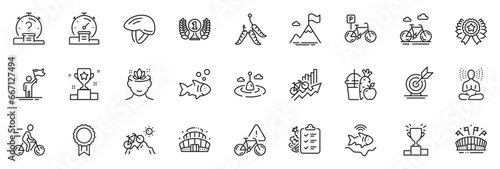 Icons pack as Winner ribbon, Arena stadium and Maggots line icons for app include Laureate award, Diet menu, Yoga outline thin icon web set. Yoga mind, Target goal, Quiz pictogram. Vector