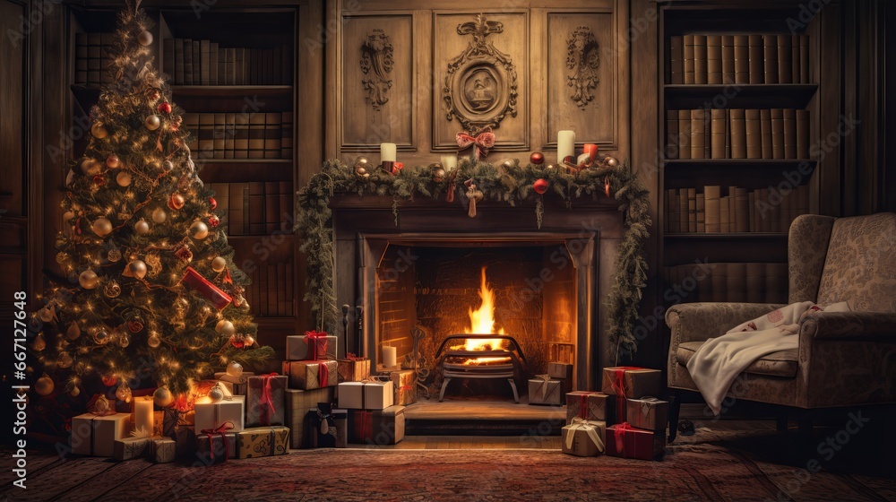 cozy christmas interior with decorated tree, wrapped presents, and a warm fireplace in a festive home setting