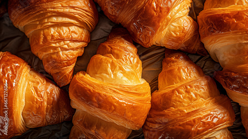 Close up shot od freshly baked croissants with a golden, buttery crust food photography