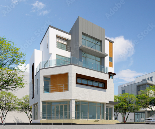 modern building, rendering of a modern building with house, modern cafe shop in the city, complex building