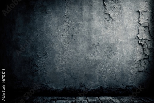 Grunge dark concrete wall with wooden floor. Background texture