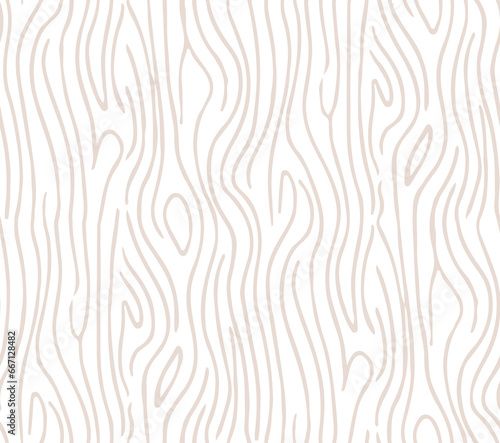 Wood linear texture, beige lines on white background, vector seamless pattern.