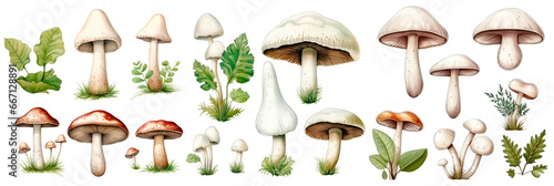 Set of White Mushroom watercolor collection, isolated on transparent background