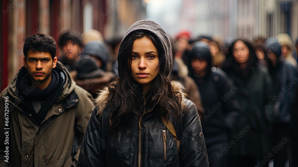 A cute girl looks at camera with people walking in the city center in winter A cute girl looks at camera with people walking in the city center in winter