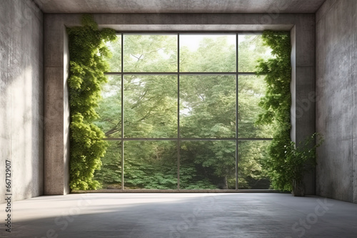 Empty room with panoramic window and mountain view