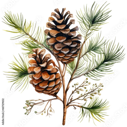 Watercolor illustration pine cone and branches, isolated on transparent background photo