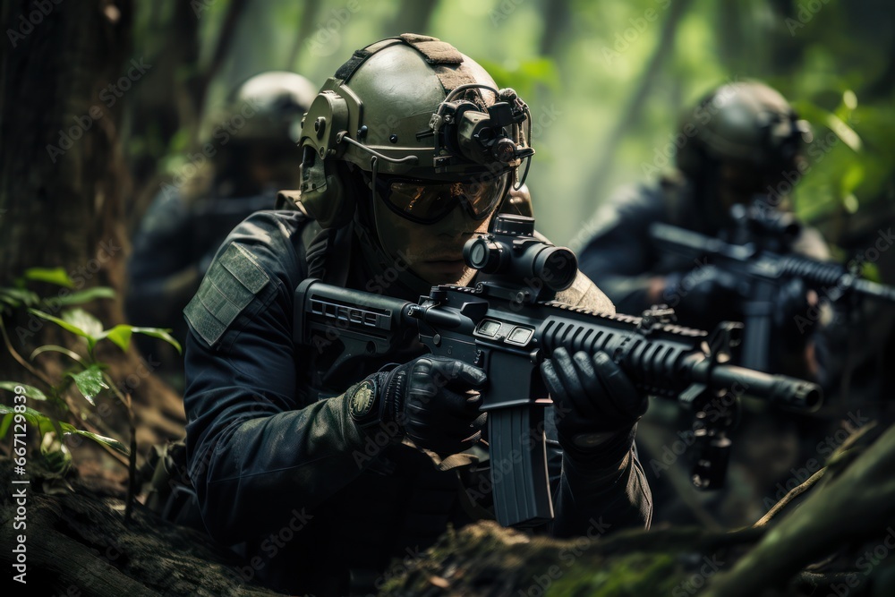 Close up portrait of military man on the battlefield. Illustration of a a military man aiming and firing in combat Close up portrait of military man on the battlefield. Illustration of a a military man aiming and firing in combat