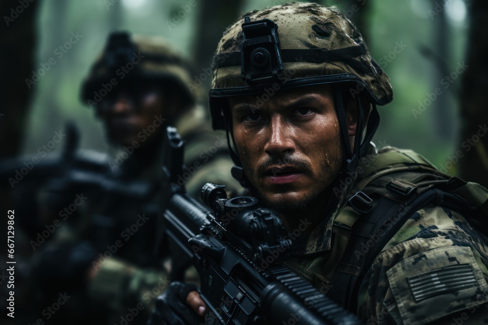Close up portrait of military man on the battlefield. Illustration of a a military man aiming and firing in combat Close up portrait of military man on the battlefield. Illustration of a a military man aiming and firing in combat