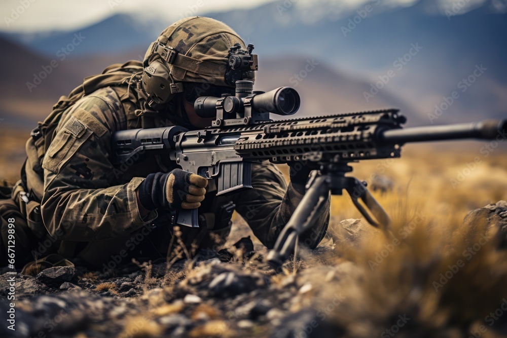 Close up portrait of military man on the battlefield. Illustration of a a military man aiming and firing in combat Close up portrait of military man on the battlefield. Illustration of a a military man aiming and firing in combat