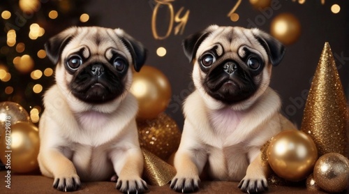 Cute puppies posing against New Year s eve ambience background with space for text  background image  AI generated