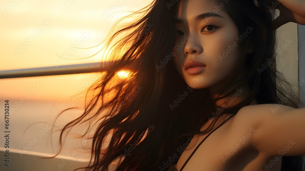 Naklejka premium Beautiful young Asian woman portrait, cute girl wallpaper background photo