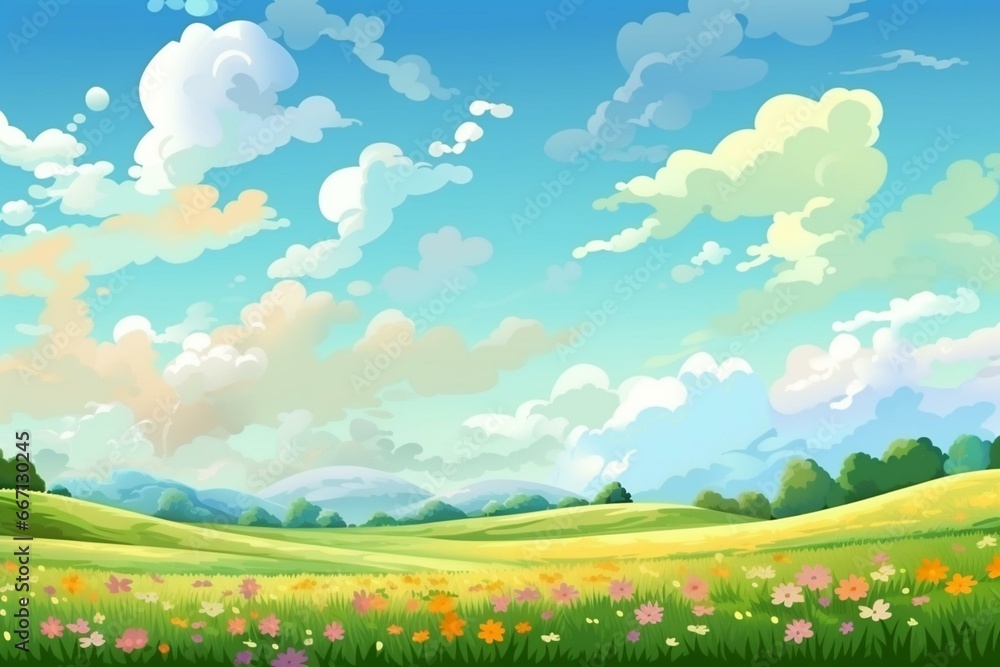 Cartoon meadow with cloudy sky as background. Generative AI