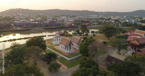 Aerial landscape of Wat Uposatharam Or Wat Bot Manorom, located on Thepo Island along the Sakae Krang River, is an important temple of Uthai Thani Province, Thailand. photo