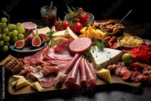 Assortment of sliced meat and cheese on a table. Generative AI
