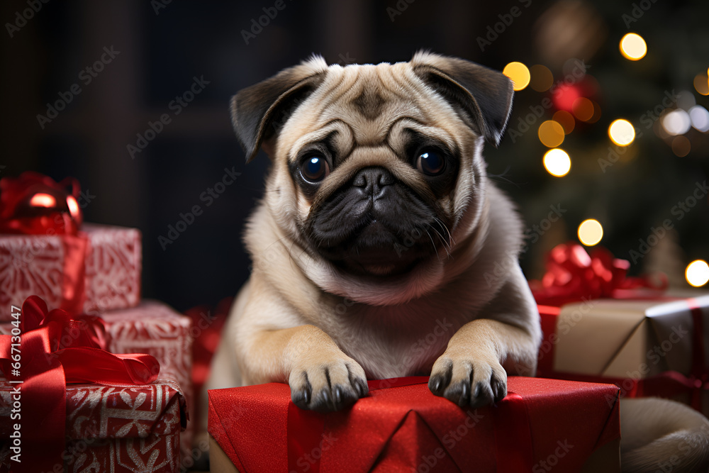 Funny pug dog among Christmas gifts. Cute animals on Christmas blurred background with bokeh lights.
