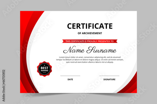 Modern elegant red certificate template. Appreciation for business and education. Vector illustration