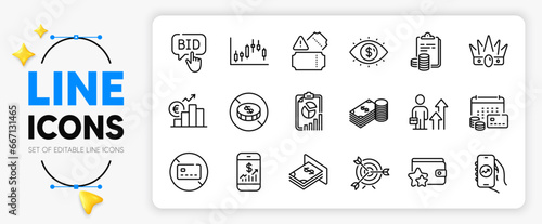 Business vision, Target and No card line icons set for app include Mobile finance, Accounting, No cash outline thin icon. Crown, Report, Candlestick graph pictogram icon. Vector