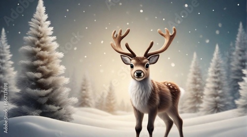 Cute baby reindeers posing near fir tree on Christmas atmosphere background with space for text  background image  AI generated