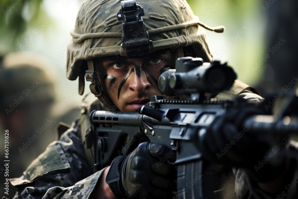 Close up portrait of military man on the battlefield. Portrait of a special ops military man aiming and firing in combat Close up portrait of military man on the battlefield. Portrait of a special ops military man aiming and firing in combat