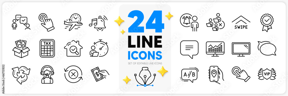 Icons set of Text message, Remove team and Bribe line icons pack for app with Monitor, Location app, Timer thin outline icon. Tax calculator, Recycle, Pay money pictogram. Statistics. Vector