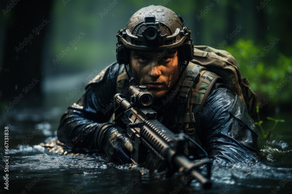 Close up portrait of military man on the battlefield. Portrait of a special ops military man aiming and firing in combat