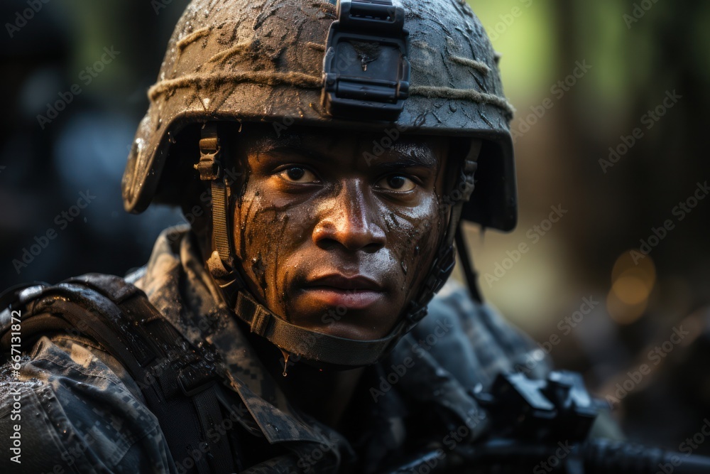 Close up portrait of military man on the battlefield. Portrait of a special ops military man aiming and firing in combat Close up portrait of military man on the battlefield. Portrait of a special ops military man aiming and firing in combat