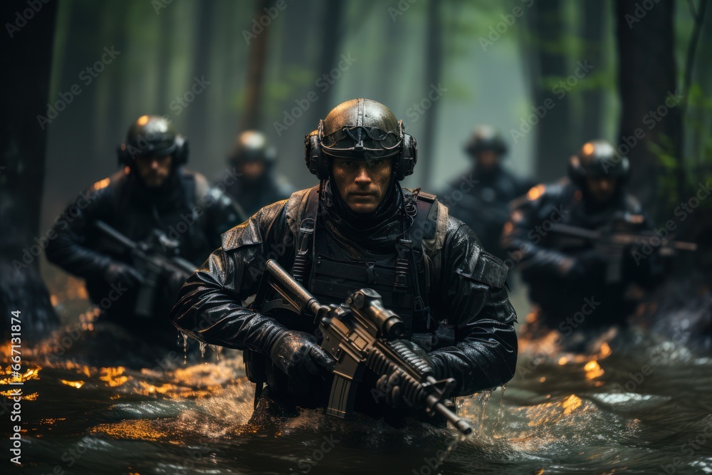 Close up portrait of military man on the battlefield. Portrait of a special ops military man aiming and firing in combat Close up portrait of military man on the battlefield. Portrait of a special ops military man aiming and firing in combat
