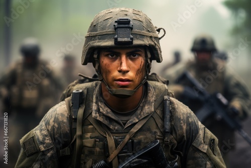 Close up portrait of military man on the battlefield. Portrait of a special ops military man aiming and firing in combat