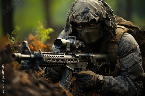 Close up portrait of military man on the battlefield. Portrait of a special ops military man aiming and firing in combat