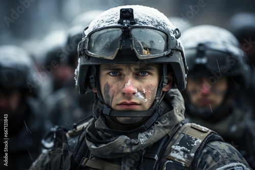 Close up portrait of military man on the battlefield. Portrait of a special ops military man aiming and firing in combat © aboutmomentsimages