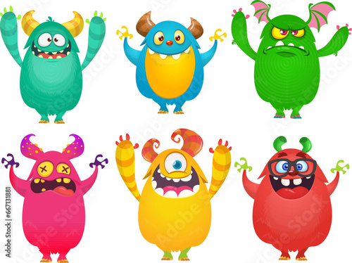 Cute cartoon Monsters. Set of cartoon monsters: ghost, goblin, bigfoot yeti, .troll, dragon and alien . Halloween design