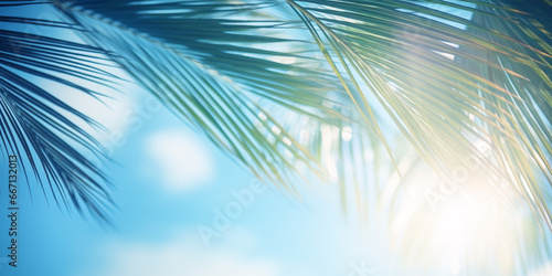 Abstract blurred background with blue sky and sun rays passing through palm leaves. Copy space. Generative Ai © trompinex