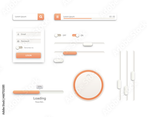 Orange Light User Interface Controls. Web Elements. Website, Software UI: Buttons, Switchers, Slider, Drop-down, Navigation Bar, Menu, Check Box, Scroller, Input Search, Progress, Text Area, Tooltip