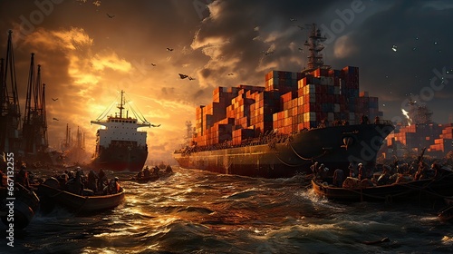 Cargo ship in the sea with a lot of people and cargo on it and fishers boats as well