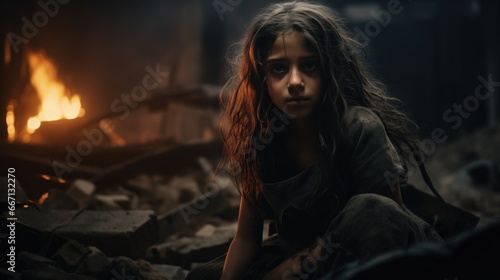 Young middle eastern girl in the middle of a war zone with her city on fire and buildings burning with debris, terrified and in silent shock at the devastation and suffering military conflict brings.