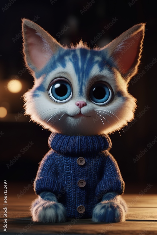 Kätzchen mit großen Augen und warmen Pullover für den Winter als Cartoon. Süße Katze in blauer Kleidung.