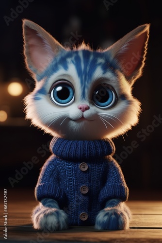 Kätzchen mit großen Augen und warmen Pullover für den Winter als Cartoon. Süße Katze in blauer Kleidung. photo